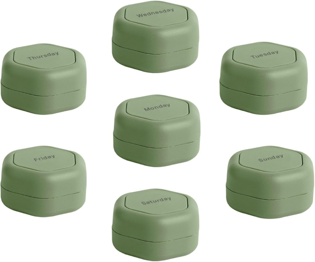 Cadence Travel Containers - Pill Case Set - Magnetiske Rejsekapsler, Daglig Medicin Organizer for Pills, Kosttilskud, & Vitaminer - 7 Flex Smalls (0,56oz) for Weekly Pill Organizer - Eucalyptus