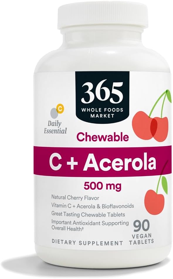 365 af Whole Foods Market, Chewable C + Acerola C 500mg, Natural Cherry Flavor, Vegan, 90 tabletter