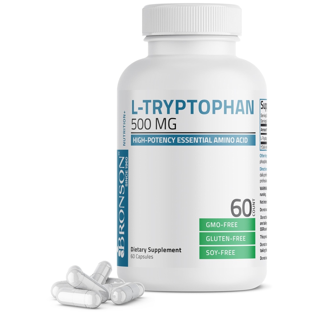 Bronson L- Tryptophan 500 MG Højpotens Essentiel Aminosyre Understøtter Afslapning & Positiv Mood Support Non- GMO, 60 Kapsler