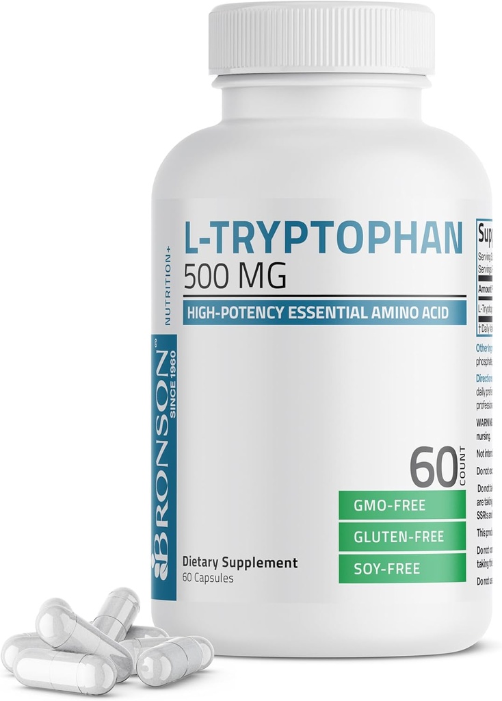 Bronson L- Tryptophan 500 MG Højpotens Essentiel Aminosyre Understøtter Afslapning & Positiv Mood Support Non- GMO, 60 Kapsler
