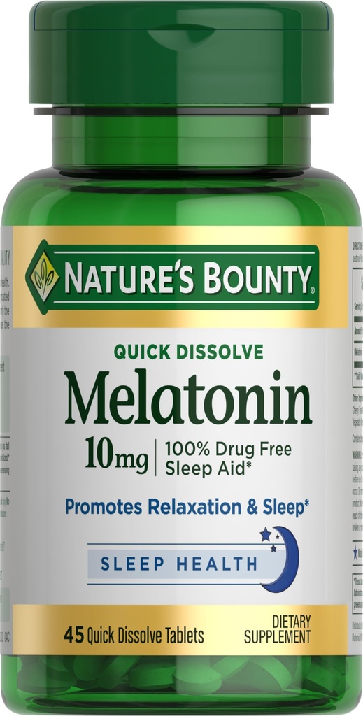 Naturens Bounty Melatonin, 100% Drug Free Sleep Aid, Kosttilskud, fremmer afslapning og søvn sundhed, 10mg, 45 Quick Dissoll Tablets
