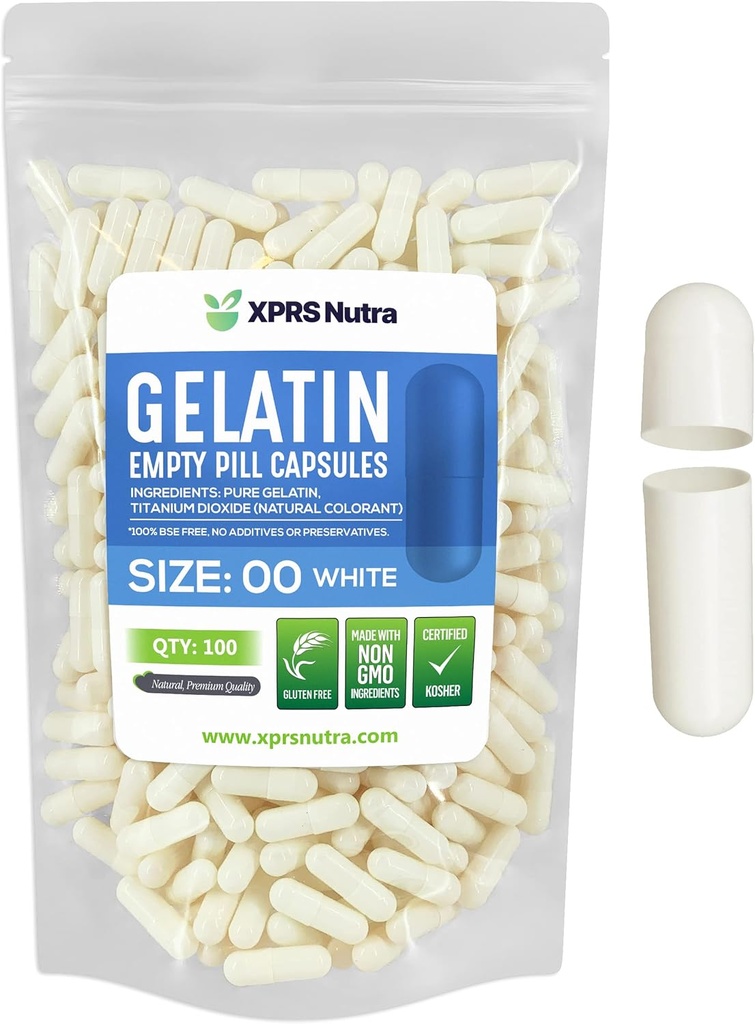 XPRS Nutra Størrelse 00 Tomme kapsler - 100 Greve Tomme Gelatine kapsler - gør Capsule Fyldning - Fyldelig Pil Gel Caps til Do- It- Yourself Kosttilskud (hvid)