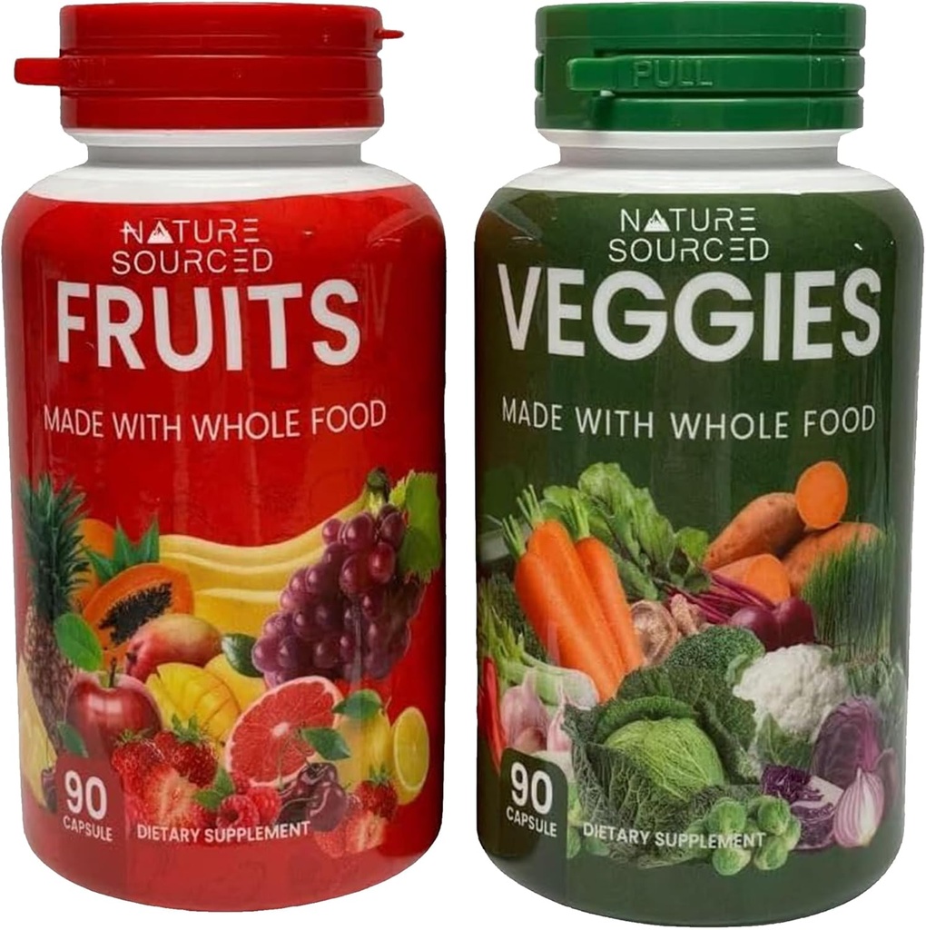 Hele fødevarer supplement Frugt & Veggies Buddy 124; Hele fødevarer supplement med Superfood Frugt og grøntsager til kvinder, mænd og børn - 90 Frugtkapsler, 90 Veggiekapsler (pakke med 2)