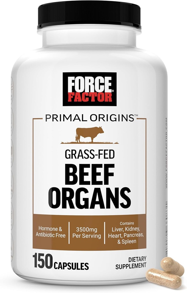 FORCE FACTOR Primære oprindelse Grass- Fed Beef Organs, Pastor- Raised Supplement med lever, Nyre, Heart, Pancreas & Milt, Hormone & Antibiotic Free, Non- GMO, 3500mg, 150 Kapsler