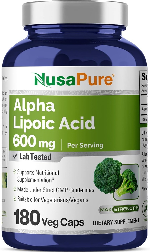 NusaPure Alpha Lipoinsyre 600 mg per servering 180 Veggie kapsler (Vegetarisk, non- GMO, Vegan)