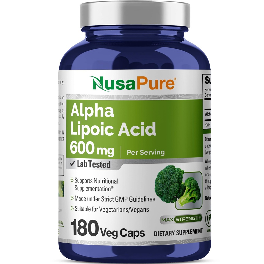 NusaPure Alpha Lipoinsyre 600 mg per servering 180 Veggie kapsler (Vegetarisk, non- GMO, Vegan)
