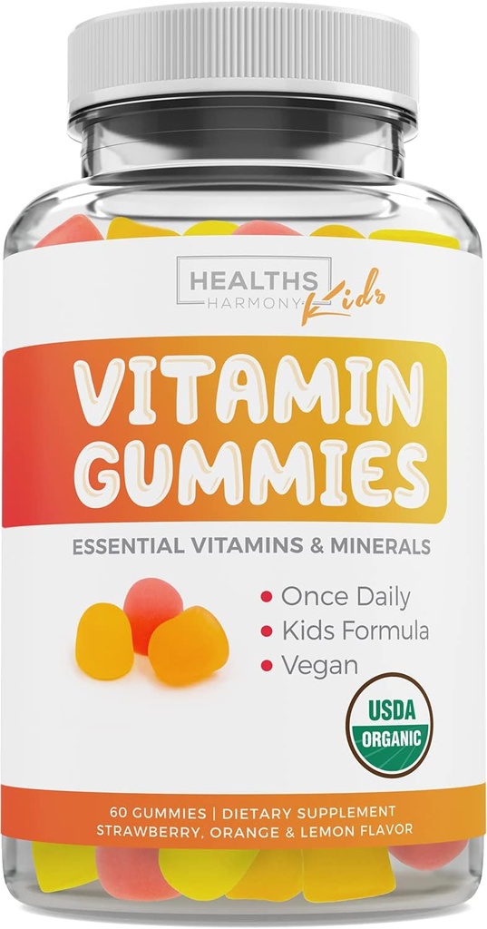 USDA Organic Kids Vitamin Gummies (non-GMO) Yummy Natural Fruit Flavors - Complete Kids Multivitamin Gummies: Vitamin C, D, B, A, Zink - Supplement til energi, Mood, immunforsvar - 60 Gummic Vitamin