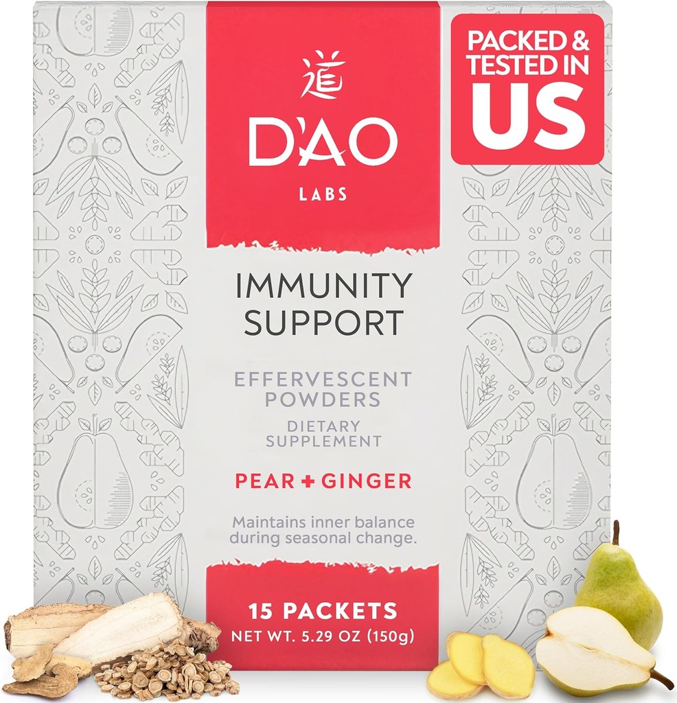 D 'AO Labs Immunity Support - Immunity Boost - Effervescent Immunity Support Powder - Yu Ping Feng San Traditional kinesiske Herbal - Effervescent Powder med Pear- Ginger Flavor - 15 Individuelle Serveringer