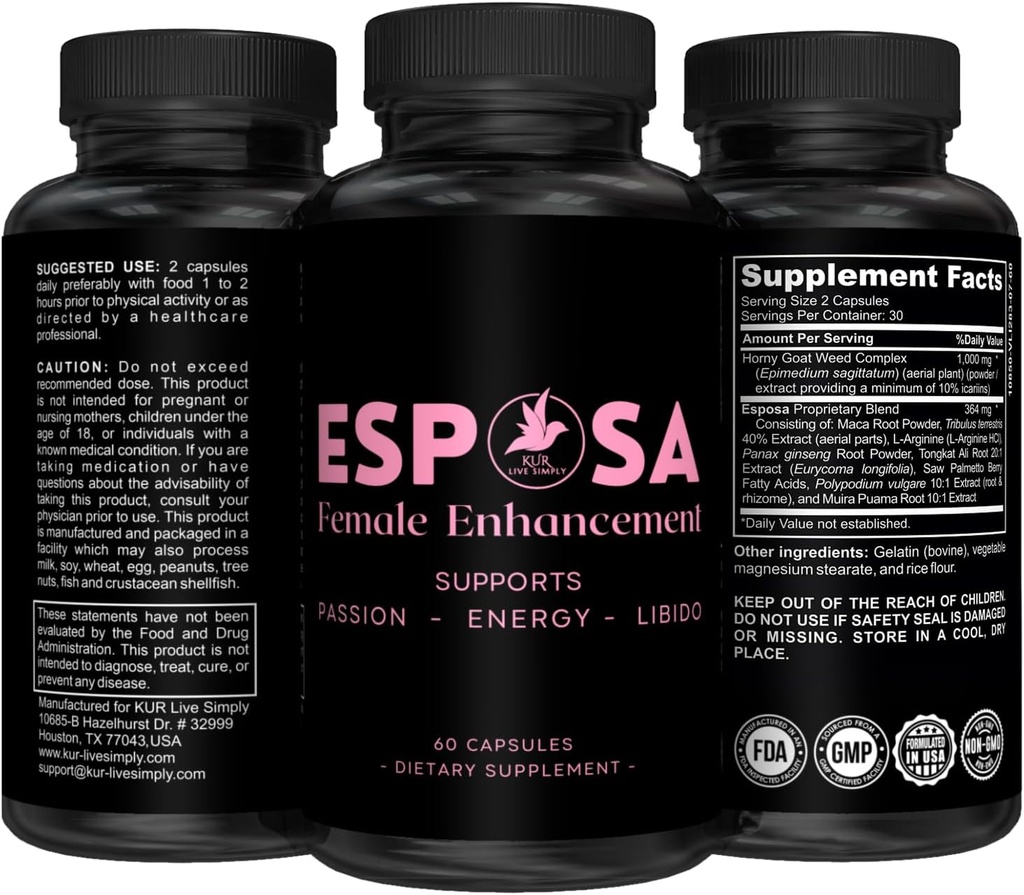 Esposa Female Libido Booster for Women – Reignite Passion, Increase Energy & Sensitivity, Boost Mood & Desire – Made in USA Natural Female Enhancement Pills with Horny Goat Weed – 60 Capsules