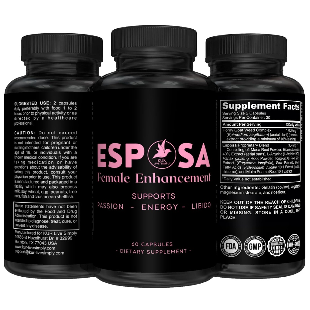 Esposa kvindelige Libido Booster for kvinder - Reignite Passion, øge energi & følsomhed, Boost Mood & Desire - Lavet i USA Natural kvindelige ekstraudstyr piller med Horny Geat Weed - 60 kapsler
