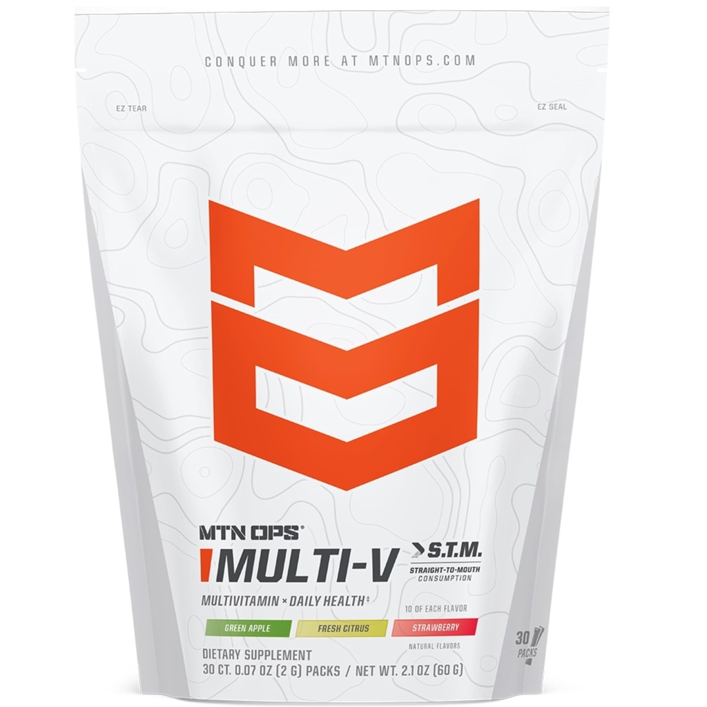 MTN OPS Multi‑V STM On‑the‑Go Daily Multivitamin for Men, Women & Kids – Straight‑to‑Mouth Vitamin C D3 B Zinc Packs – Gluten Free, Natural Flavors, 30 Servings