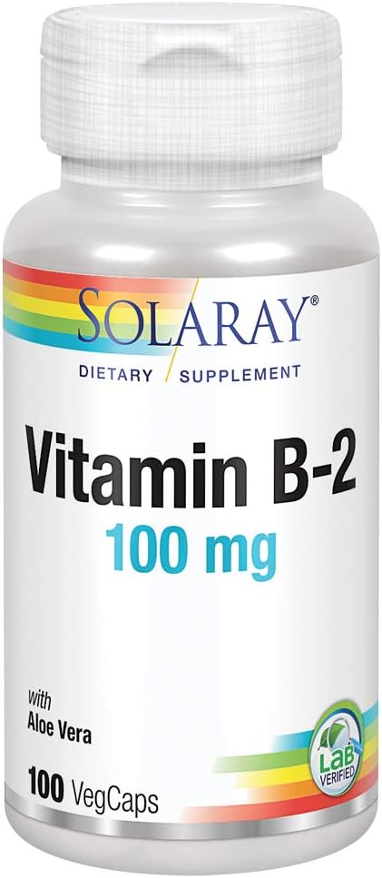 SOLARAY Vitamin B-2 Riboflavin 100 mg med Aloe Vera 124; sund energi Metabolisme, hud, hår & nails