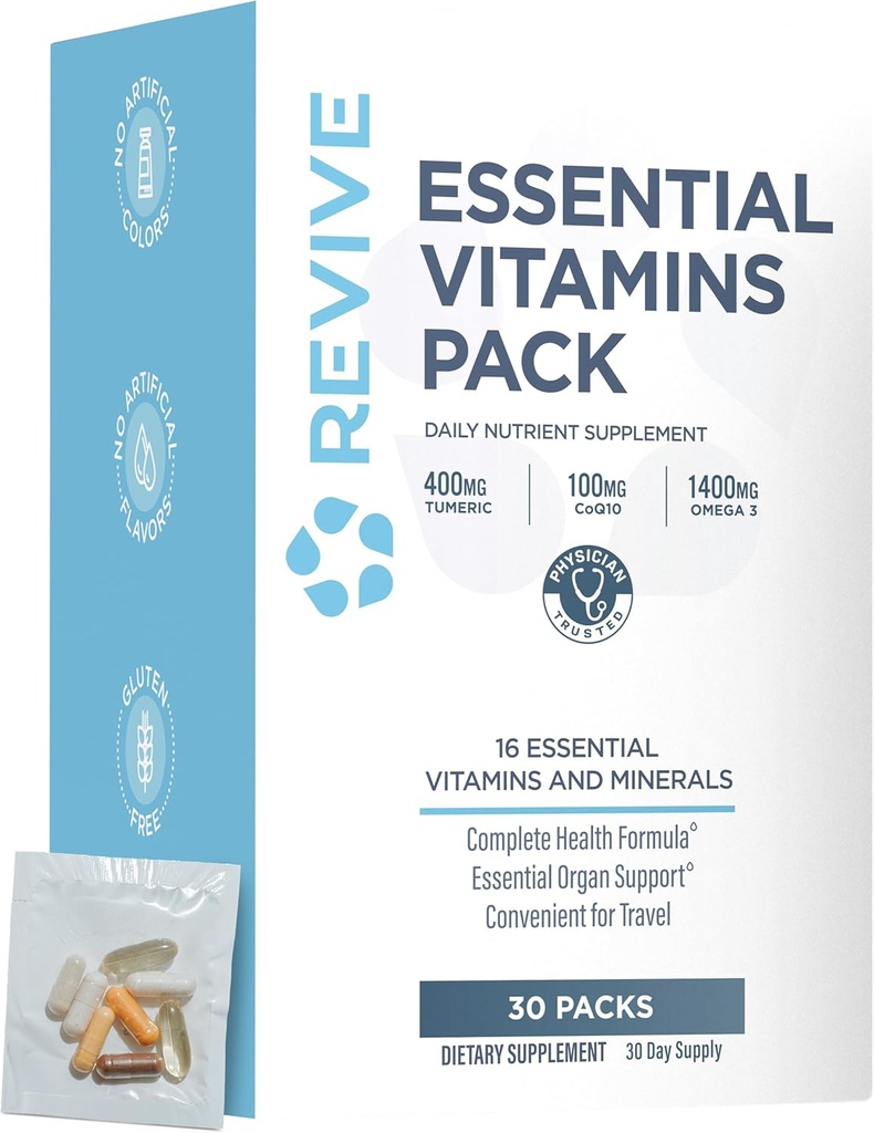Revive MD Essential Vitamin Packs for Women & Men, Vitamins Pack Daily Nutrient Supplement - Travel-Friendly Multivitamin Packets with Arjuna & Turmeric Extract Support Heart, Joint, & Organ Health