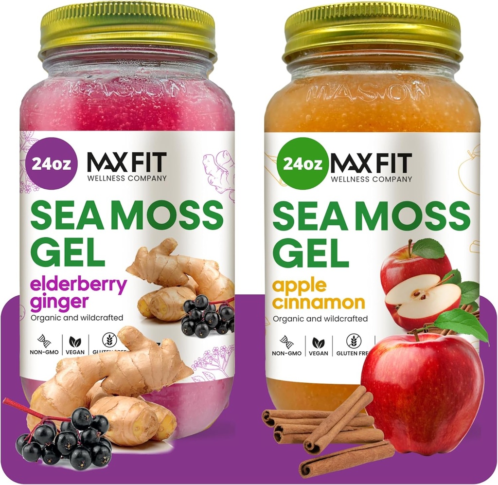 Sea Moss Gel Organic Raw (Bundle of 2 Jars 24oz) Apple Cinnamel og Elderberry Ginger Wildсrafted Gold Sea Moss Gel fra Saint Lucia Mezz124; 92 Vitamin og mineraler Mezzogiorno 124; Pure Raw + Non- GMO Mezzogiorno 124; Vegan Superfood