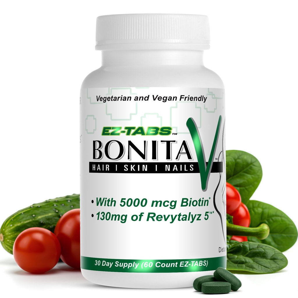 Essential Source Bonita V Vegan hårnegle og hudvitaminer til kvinder - 20 aktive ingredienser, herunder biotin - stærkere negle, sund hud, hårvækst - 60 EZ- TAB Veggie tabletter