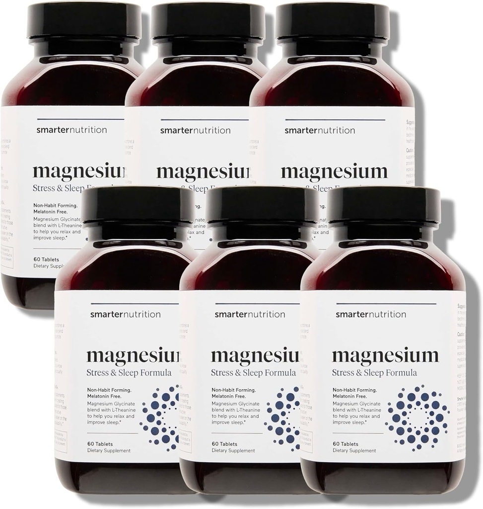 Smarter Nutrition Magnesium Complex - Chelated Magnesium Glycinate + Citrate, Malat til søvn, afslapning, Muskel & Nerver + Klinisk proven L- Theanin, Non- GMO- 360 tabletter [180 - Day Supply]