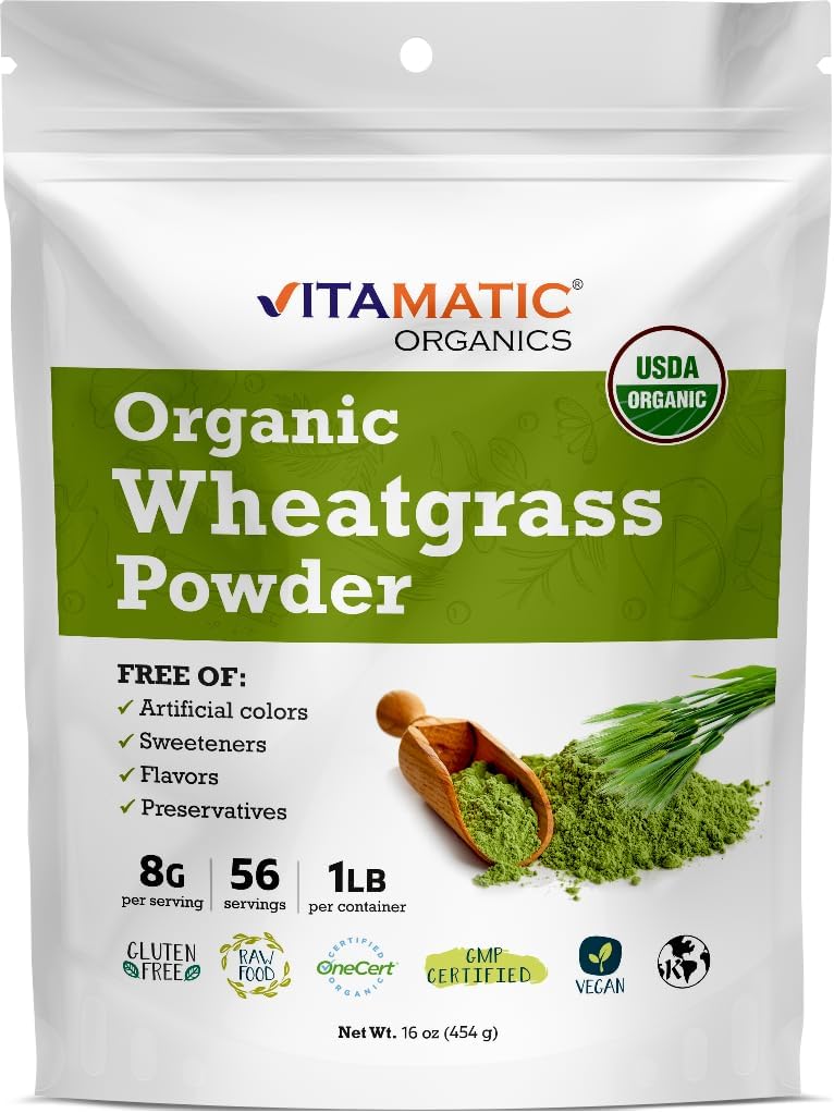 Vitamatisk certificeret USDA Organic Wheatgrass Powder - 1 Pund (16 Ounces) - Pure, Non- GMO, Gluten- Free Superfood