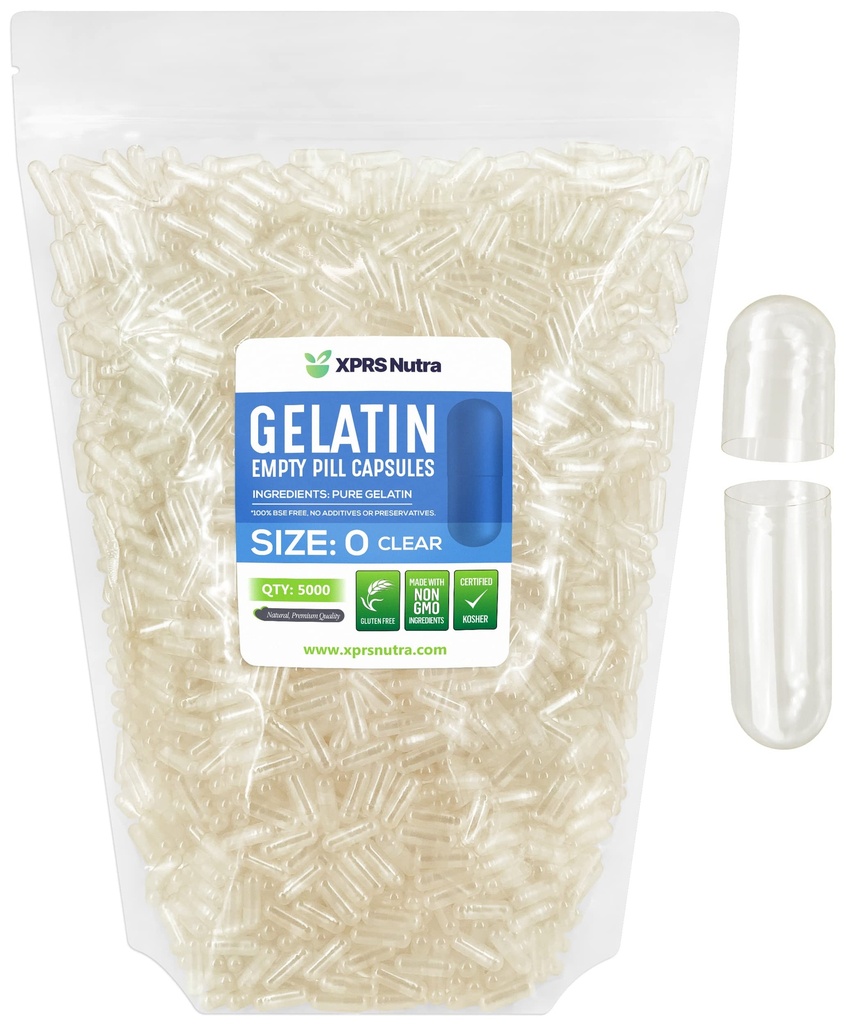 XPRS Nutra Størrelse 0 Tomme kapsler - 5000 Tomme Tomme Gelatine kapsler - Piller selv Kapselfyld - Pure Bovin Pille Gel Caps til Do- It- Yourself Kosttilskud