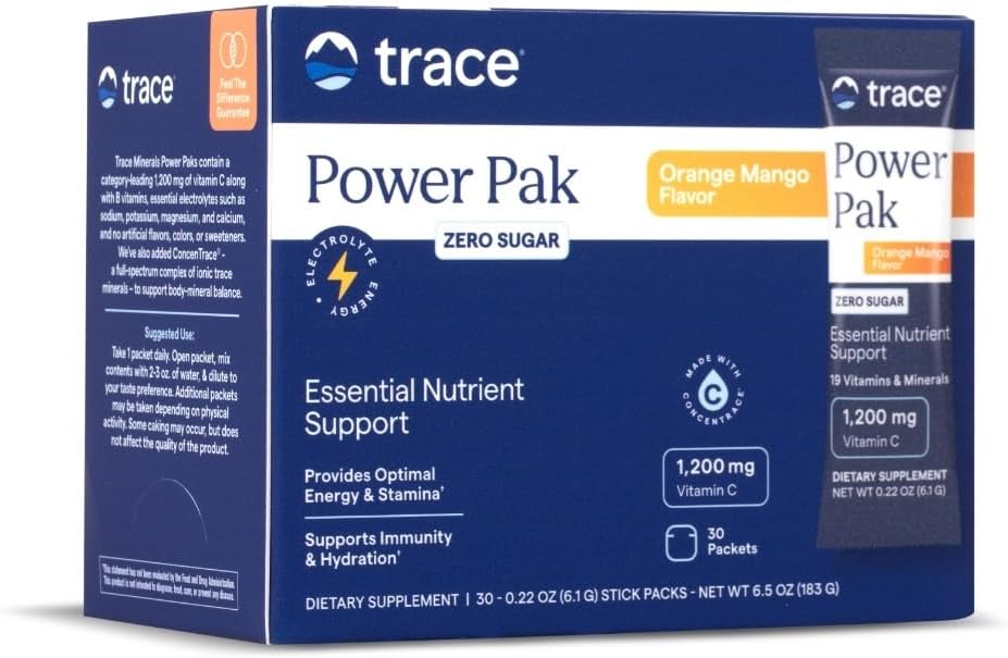 Trace Minerals Power Pak Multivitamin and Multimineral Packets - Electrolyte Support - 1200 mg Vitamin C Plus 70 Sugar Free - Orange Mango Flavor - 30 Packets