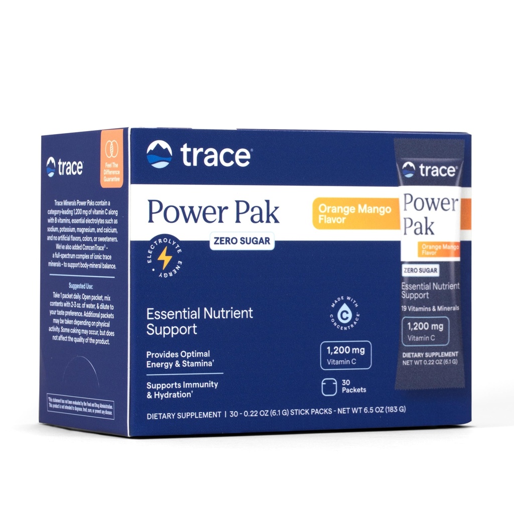 Trace Minerals Power Pak Multivitamin og Multimineral Pakninger - Elektrolyte Support - 1200 mg C-vitamin Plus 70 Sugar Free - Orange Mango Flavor - 30 Pakker