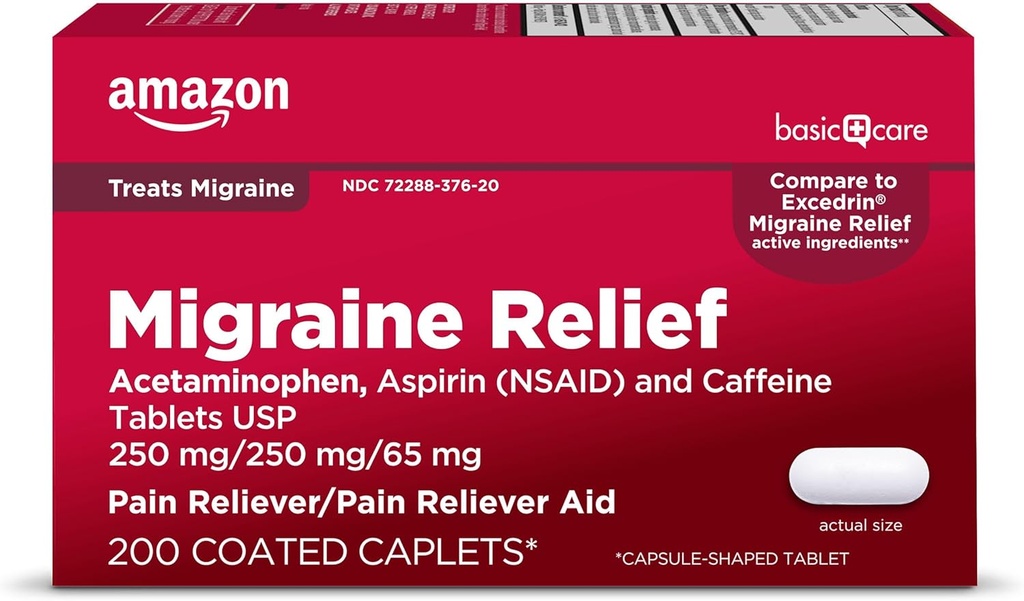 Grundlæggende pleje Migræne Relief, Acetaminophen, Aspirin (NSAID) og Koffein tabletter, Hovedpine Smerte Reliever / Smerte Reliever Hjælp, 200 Tæl