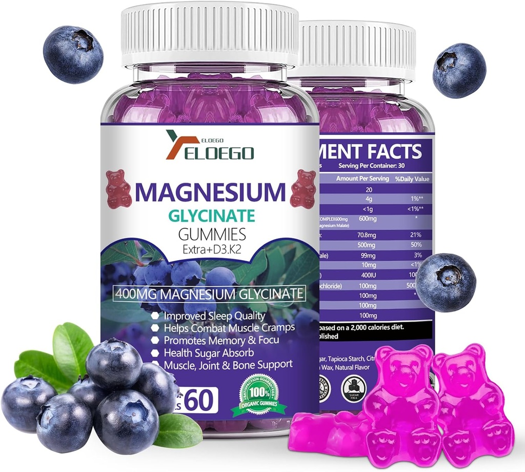Magnesium Gummies 600mg per serving- Magnesium Glycinate 400mg og Magnesium Malat 200mg, Extra K2 & D3, High Absorption Magnesium Supplement for søvn, Stress Relief, Nerve Support, Blåbær (60 CT)