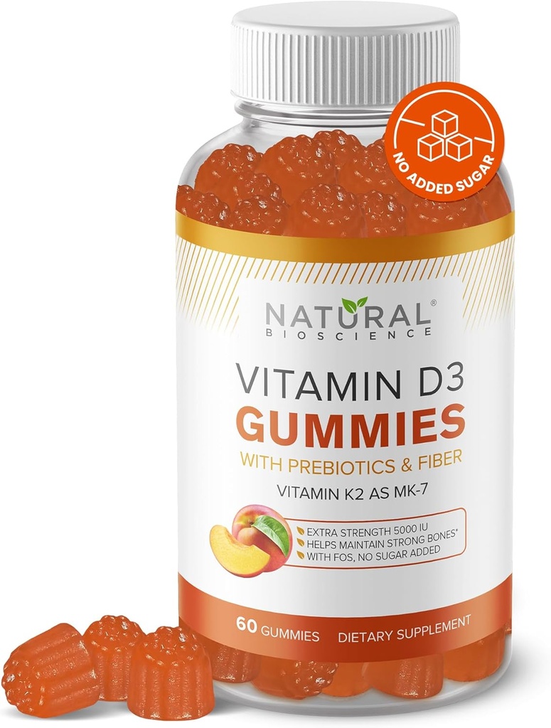 Sugar Free Vitamin D3 K2 Gummies - Vitamin D3 Gummies 5000 IE + K2 MK7 80 mcg, K2 D3 Vitamin Supplement Voksne, Vitamin D K2 for knogler, immunforsvar, hjerte, mood, Gluten- Free, Non-GMO, Natural Peach Flavor