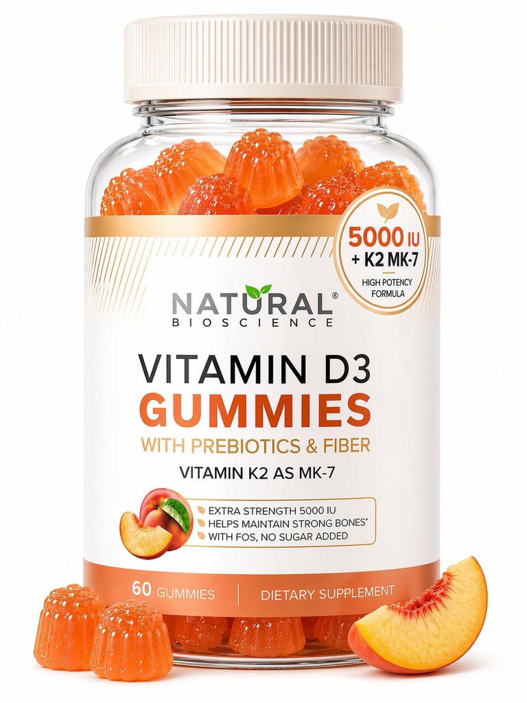 Sugar Free Vitamin D3 K2 Gummies - Vitamin D3 Gummies 5000 IE + K2 MK7 80 mcg, K2 D3 Vitamin Supplement Voksne, Vitamin D K2 for knogler, immunforsvar, hjerte, mood, Gluten- Free, Non-GMO, Natural Peach Flavor