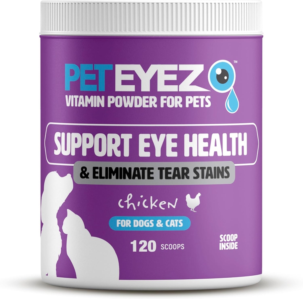 Pet Eyez Vitamin Powder til kæledyr - Understøtter Eye Health & Reduces Tear Stain Buildup - 100% Natural Food Topper til hunde og katte med superfødevarer, Antioxidanter og næringsstoffer - Chicken Flavor - 120 Scoops
