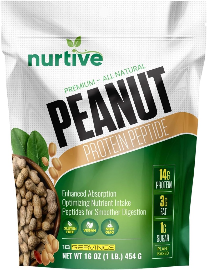 Peanut Protein Peptide Powder - Plant- baseret, Rich in Nutrients & Fiber - Ideel til atleter & Fitness Enticaster - Forbedret opløselighed og absorption - 18 Servering (16 oz / 454 g)