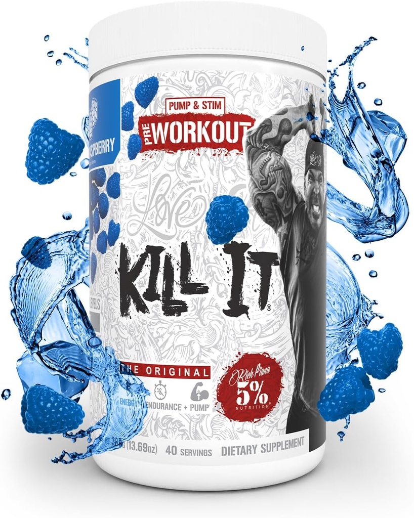 5% Nutrition Rich Piana Kill It Pre Workout Powder w / Creatin, Koffein, Beta Alanine, Hydroprime Glycerol til Pump, Styrke, Endurance Budding 124; 20 / 40 Srvgs (40 Servere, Blå Hindbær)