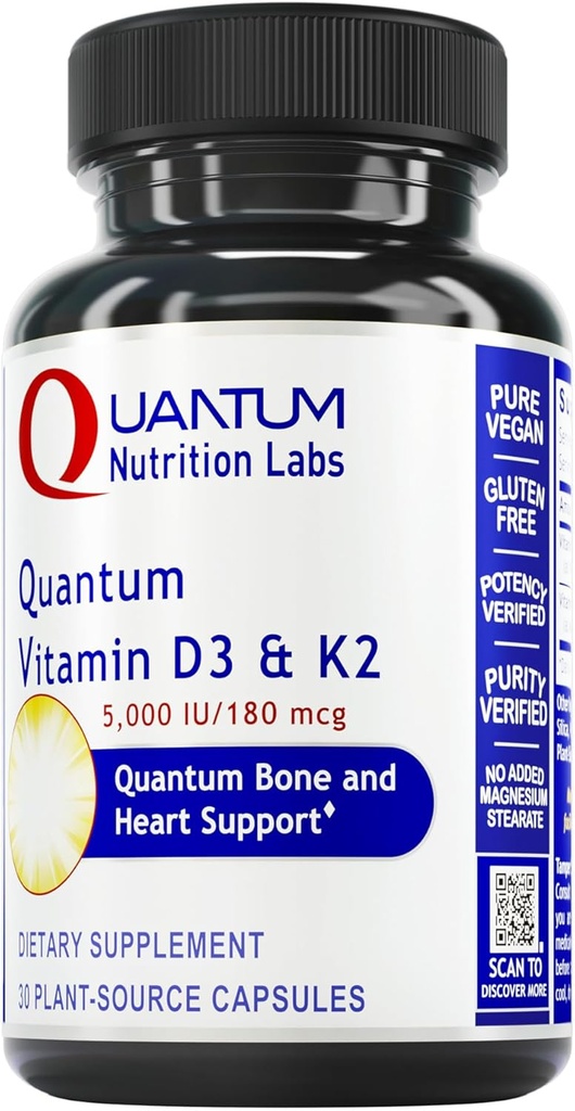 Quantum Nutrition Labs Vitamin D3 og K2 Supplement - Bone & Heart Health Support til kvinder & Mænd, 5000 IE, Vegan Vitamin, Tillader Calcium Absorption, Gluten- Free - 30 Plant baserede kapsler