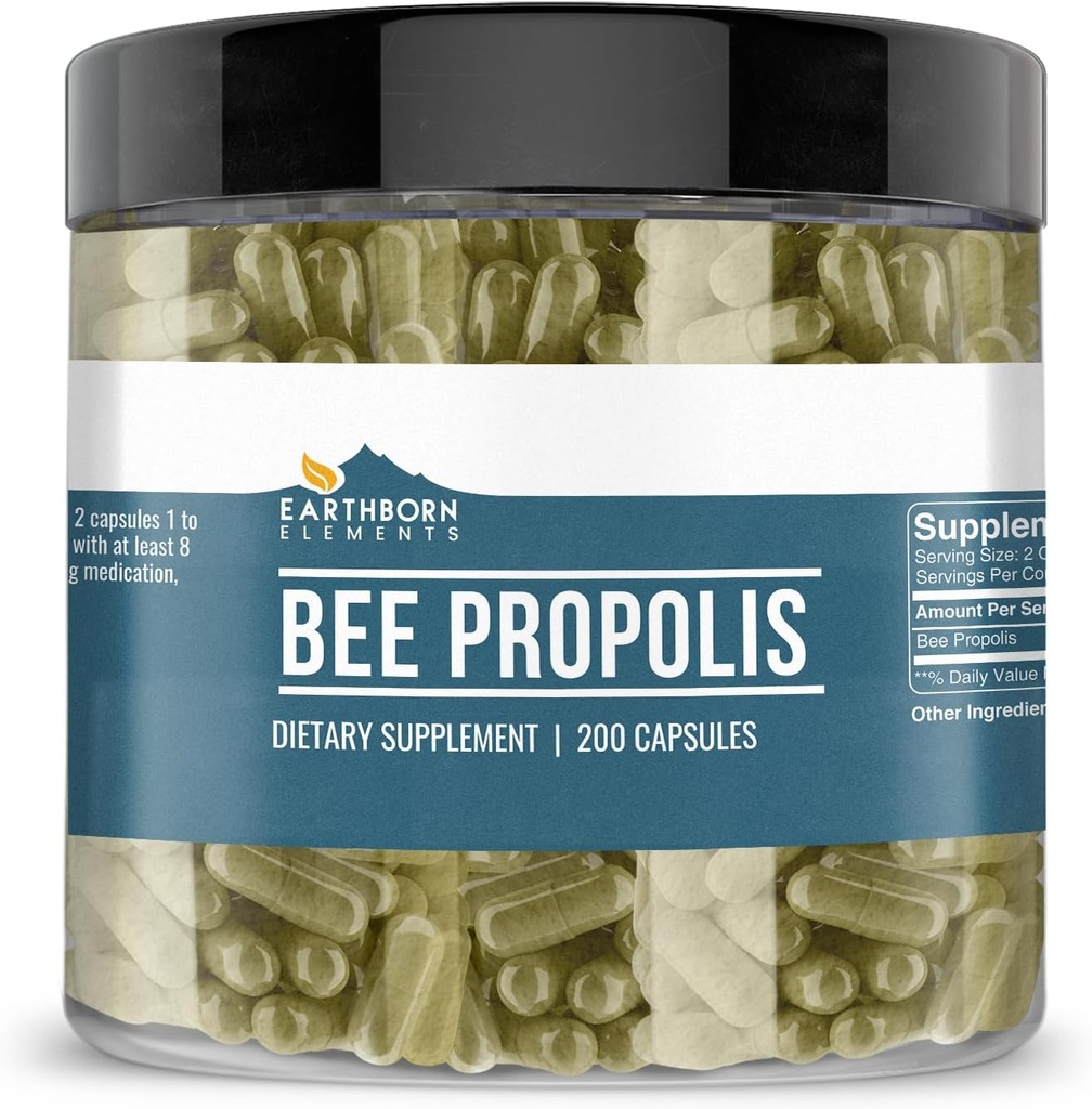 Earthborn Elements Bee Propolis 200 Kapsler, Pure & Ufortyndet, Ingen tilsætningsstoffer (200 Kapsler)