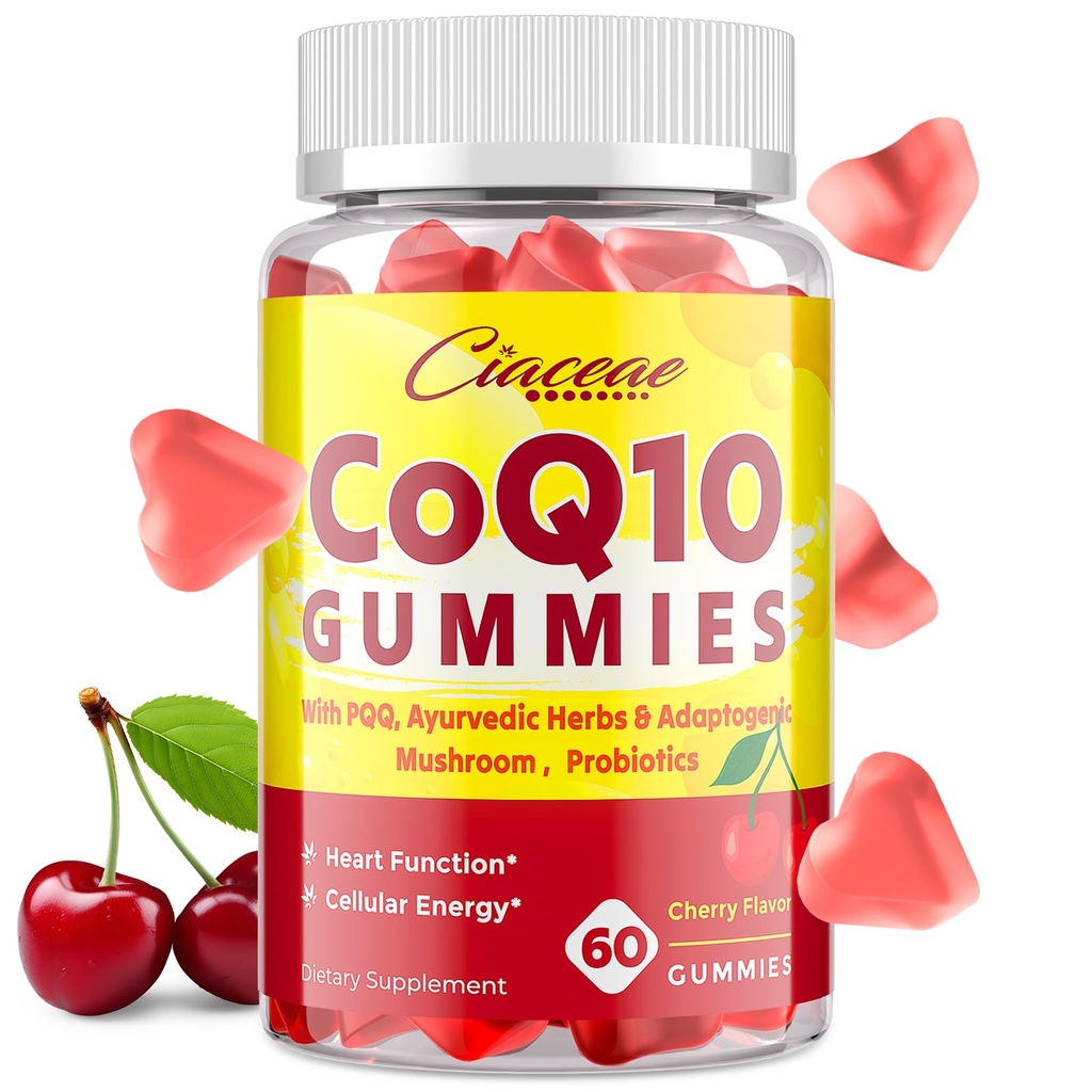 CoQ10 Gummies med PQQ - 400 MG Coenzym Q10 High Potency, Forbedret med ayurvedic urter, Adaptogen Mushroom Blend & Probiotika til hjerte, hjerne, energi, immunitet, Cherry Flavor, 60 Vegansk Gummies