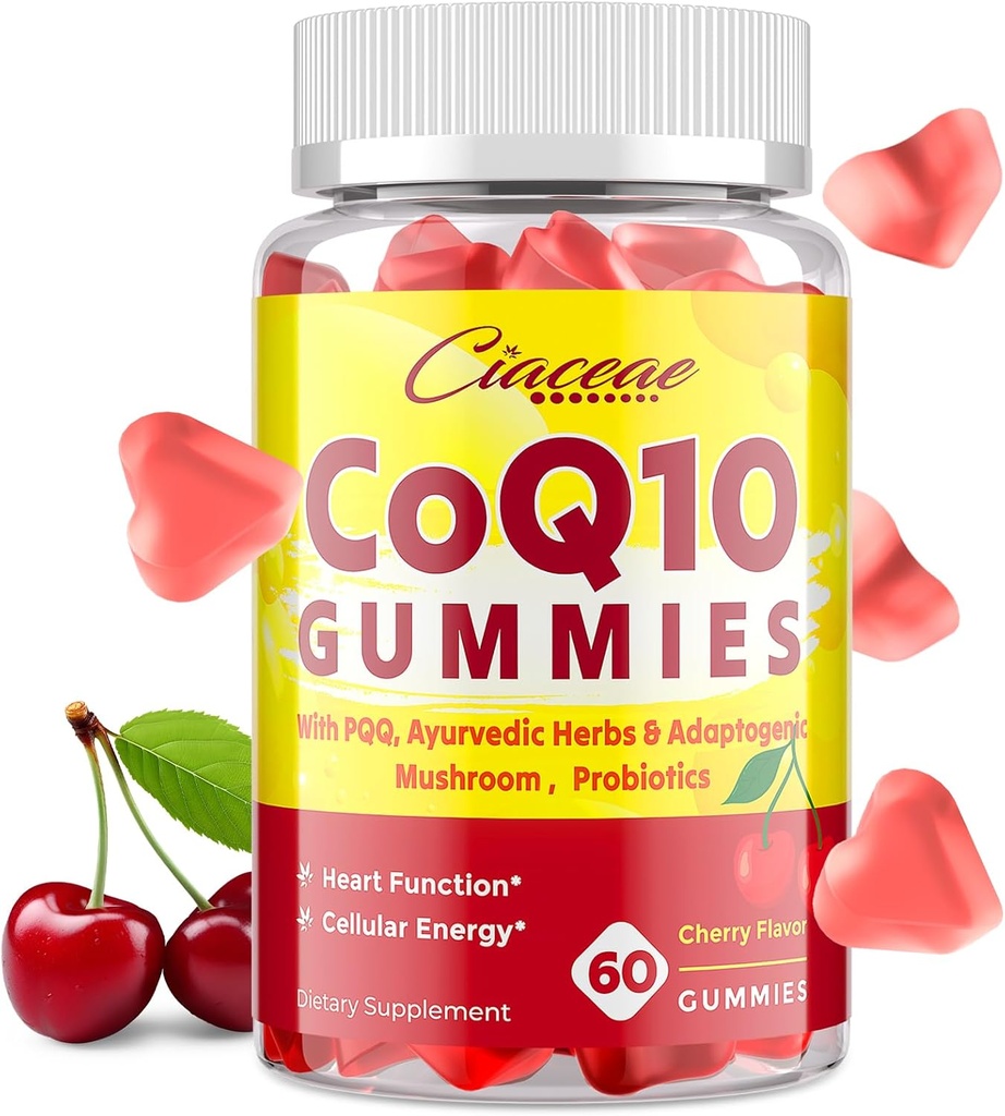 CoQ10 Gummies med PQQ - 400 MG Coenzym Q10 High Potency, Forbedret med ayurvedic urter, Adaptogen Mushroom Blend & Probiotika til hjerte, hjerne, energi, immunitet, Cherry Flavor, 60 Vegansk Gummies