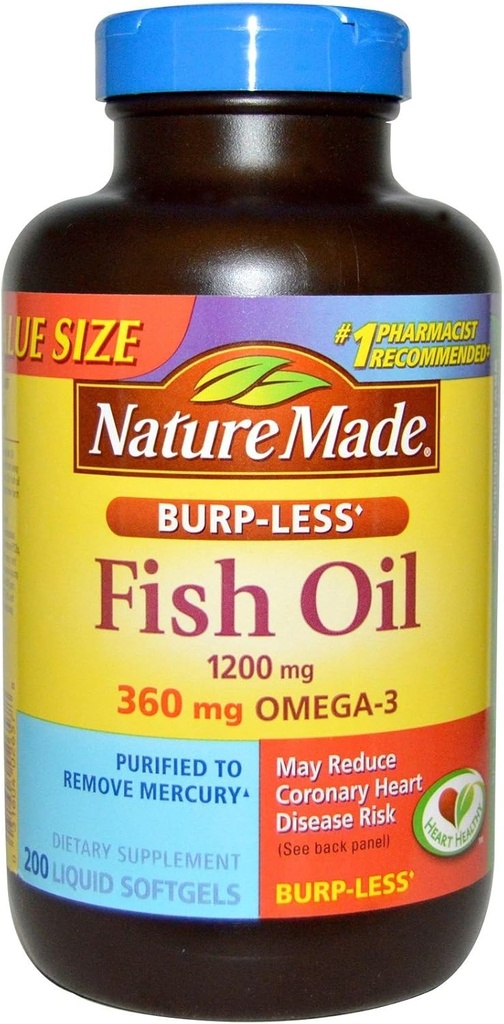Nature Made Burp- less Fish Oil 1200mg, 360mg Omega-3, Liquid Softels 200 ea (pakke med 2)