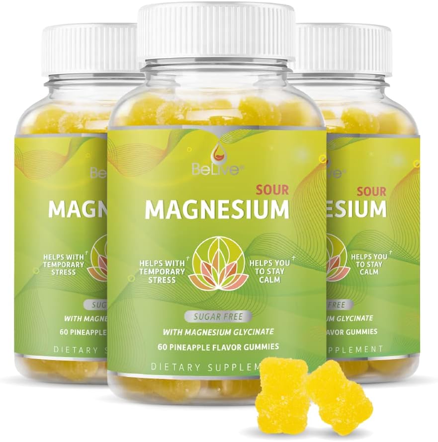 BeLive Magnesium Gummies 200mg - 60 Ct - 124; Magnesium Glycinate Kosttilskud til afslapning, Stress Relief, og søvn for voksne & Børn - Tasty og Tangy Pineapple Flavor (3)