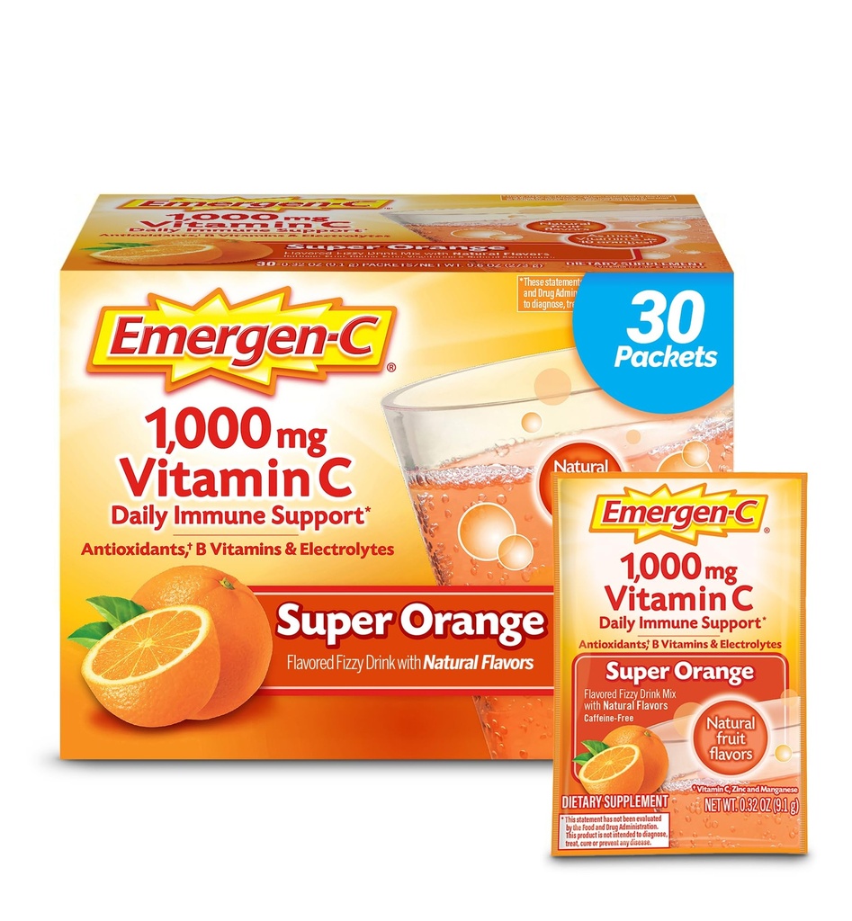 Emergen- C 1000mg C-vitamin pulver til daglig immunstøtte Koffein fri C-vitamin kosttilskud med zink og mangan, B-vitaminer og elektrolyter, Super Orange Flavor - 30 Greve