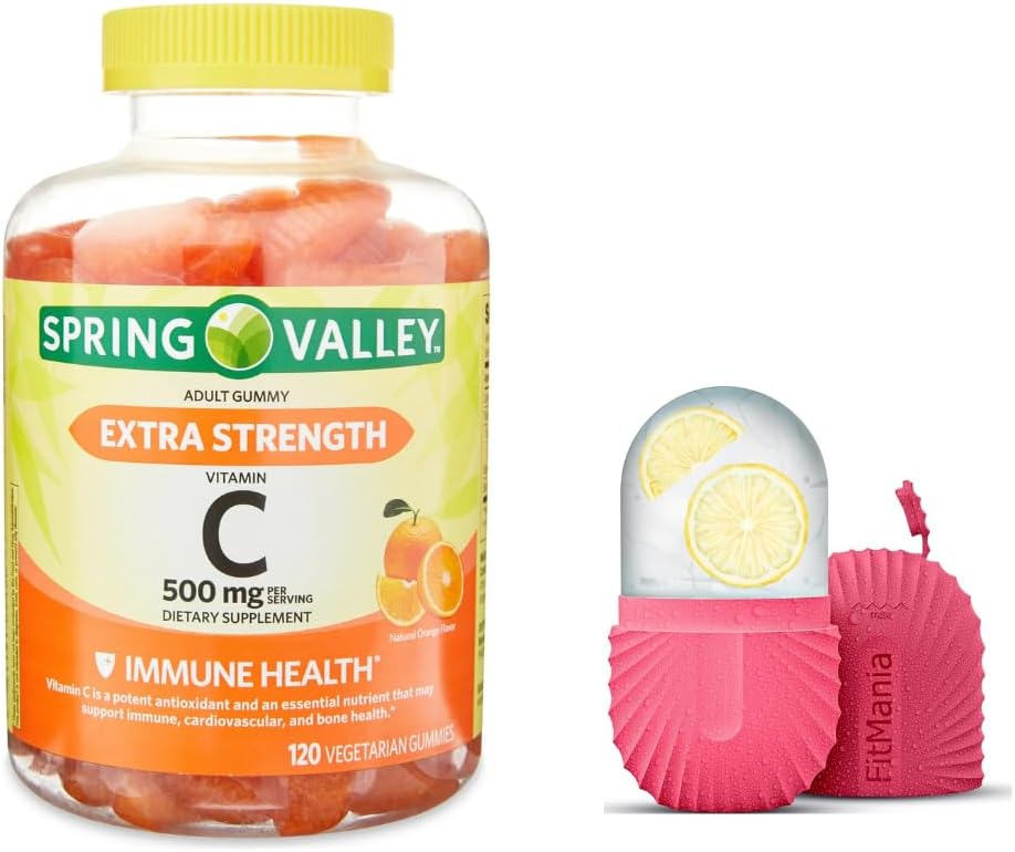 Spring Valley Extra Strength Vitamin C Kosttilskud Vegetarisk Gummies, Orange, 500 mg, 120 Ct og Gave Is Roller til ansigt