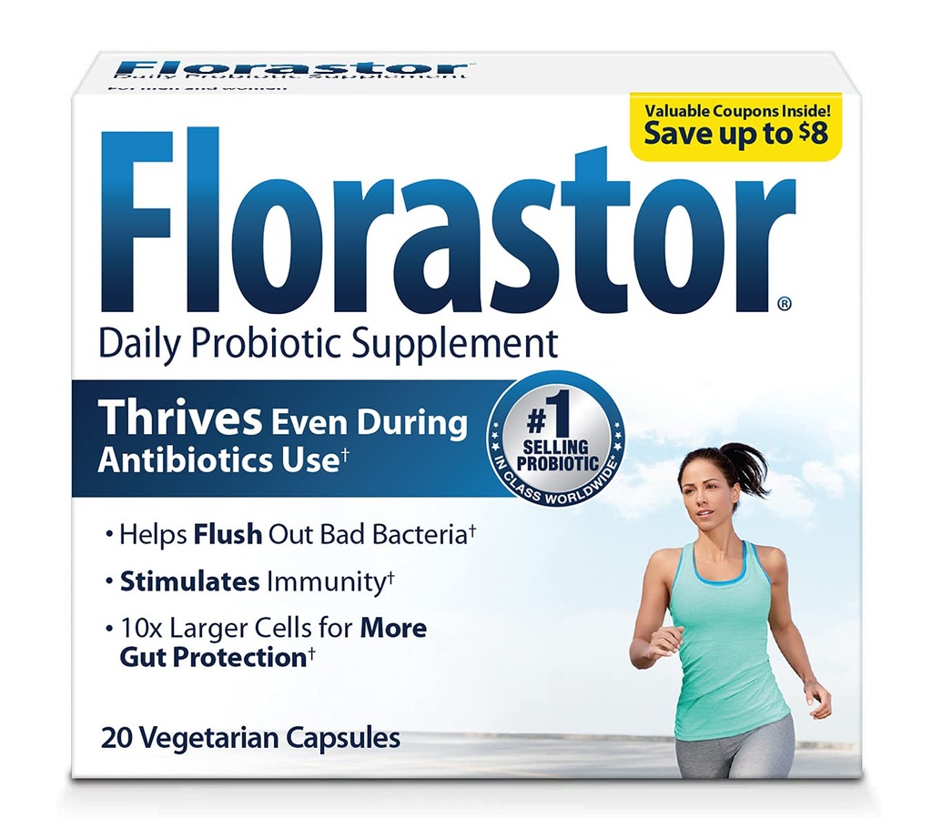 Florastor Daily Probiotic Supplement for kvinder og mænd, Anvendelse med Antibiotika, Saccharomyces Boulardii CNCM I- 745 (20 Capsule, pakke med 2)