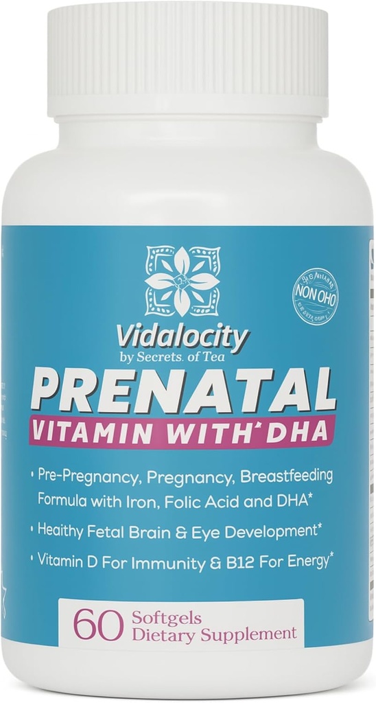 Vitalitet Prenatal Vitamin til kvinder, Multivitamin kapsler: Omega 3 Fish Oil (EPA / DHA), Magnesium, Folate, Vitamin D3, C, Vitamin B12, B6, Vitamin A, K & Zink, 60 Greve (60 Day Supply)