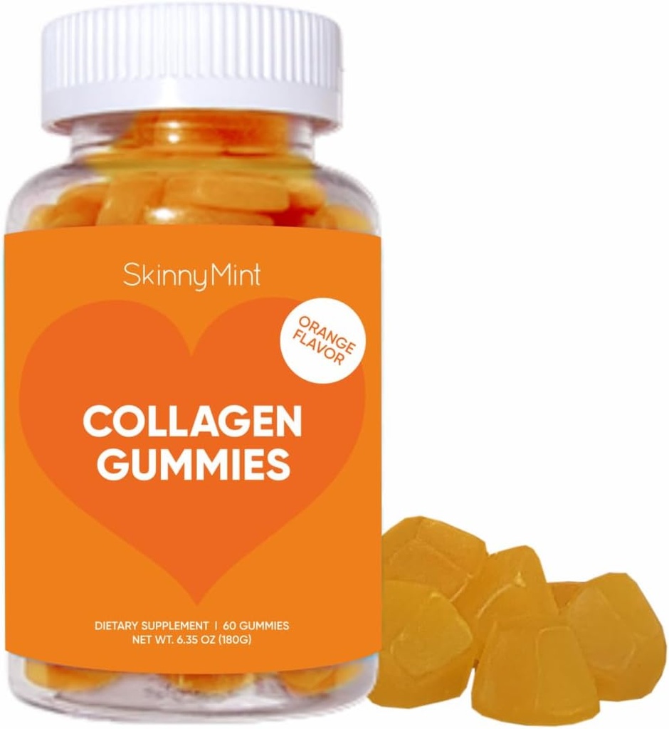 SkinnyMint Collagen Gummies Supplement for sund hud, negle og hår støtte, Gluten Free Collagen Chewable Gummies for mænd & kvinder, Natural Orange Flavor -60 Greve (180G) - 1 Måned Supply