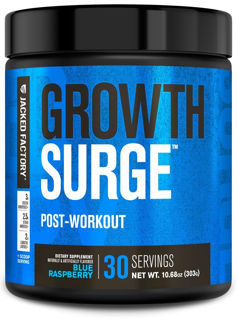 Jacked Factory Growth Surge Creatine Post Workout w / L- Carnitin - Daily Muscle Builder & Inddrivelse Supplement med Creatine monohydrat, Betaine, L- Carnitin L- Tartrate - 30 Servere, Blå Hindbær