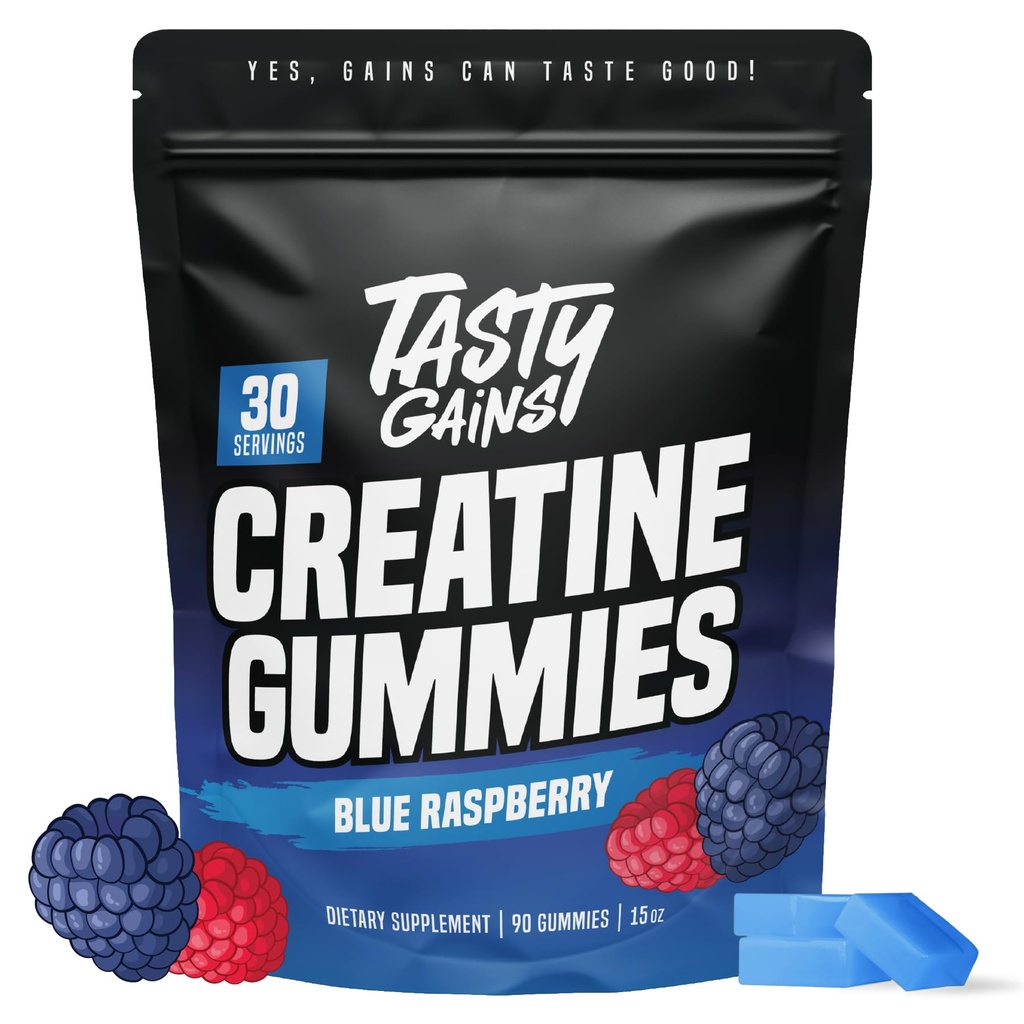 TASTY MAINS Creatinine Gummies - 90g af Creatinine Monohydrat - Workout Supplements - Build Muscle & Boost Styrke til mænd og kvinder - Made in USA - Ikke GMO - Vegansk Friendly (Stor, Blå Hindbær)