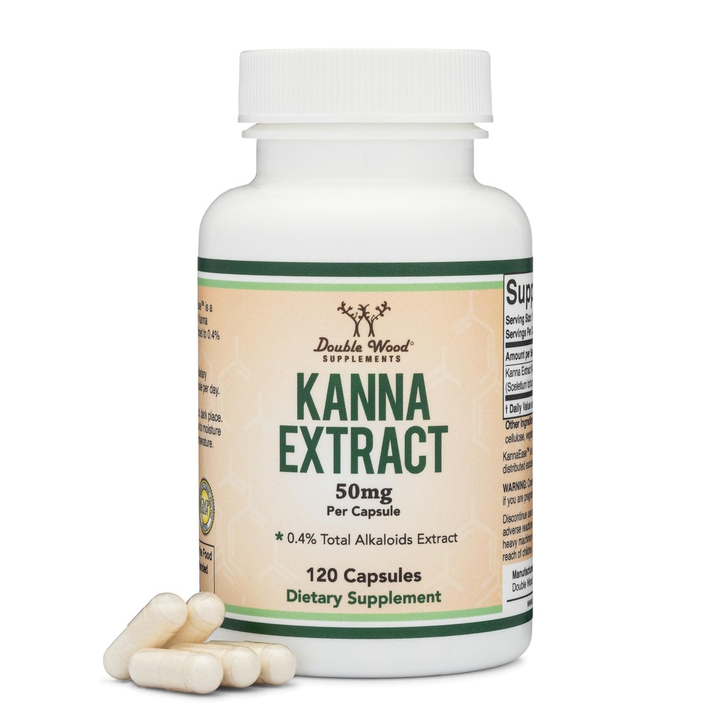 Kanna Extract Supplement (Sceletium Tortuosum) - 50mg Per kapsler, 120 Greve - for afslapning og fred i sindet (min .4% Total Alkaloider) Non- GMO, Gluten Free, Vegan Safe by Double Wood