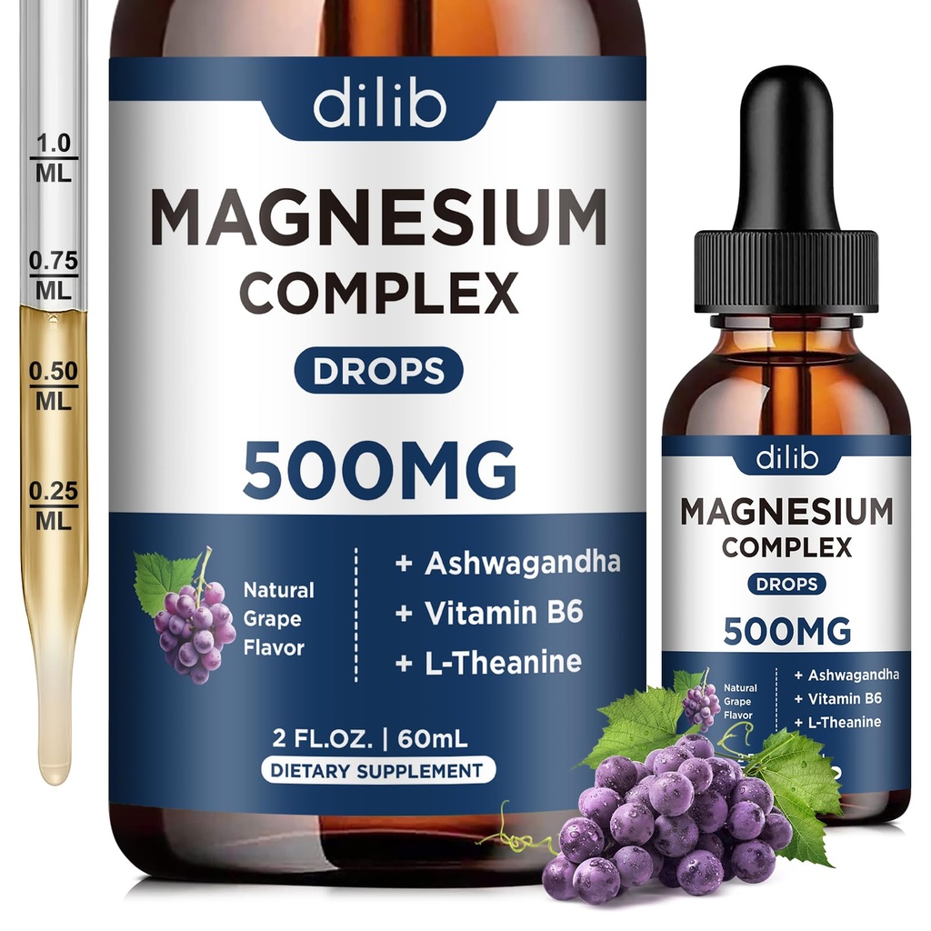 Magnesium Glycinate Liquid Drops, Magnesium Glycinate Supplement 500mg med citrat, Malat, Ashwagandha, L- Theanin, vitamin B6 til søvn, Stress Relief, Ben, Muskel, Mood, Grape Flavor 2 Fl Oz
