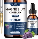 Magnesium Glycinate Liquid Drops, Magnesium Glycinate Supplement 500mg med citrat, Malat, Ashwagandha, L- Theanin, vitamin B6 til søvn, Stress Relief, Ben, Muskel, Mood, Grape Flavor 2 Fl Oz