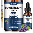 Magnesium Glycinate Liquid Drops, Magnesium Glycinate Supplement 500mg med citrat, Malat, Ashwagandha, L- Theanin, vitamin B6 til søvn, Stress Relief, Ben, Muskel, Mood, Grape Flavor 2 Fl Oz