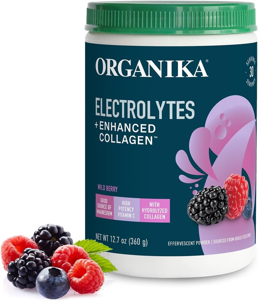 Organikа Electrolytes with Enhanced Collagen Powder for Women & Men - 13 oz - Wild Berry-Flavored Effervescent Electrolyte & Collagen Drink Mix - Deep Hydration, Mobility, Skin, Hair, & Nails