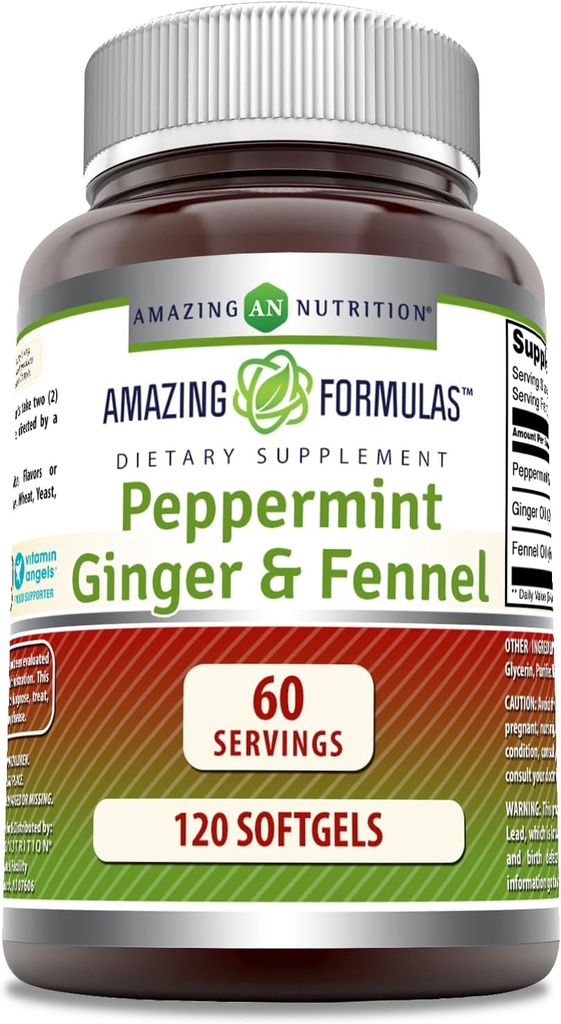Amazing Formulas- pebermynte, Ingefær og Fennel Kosttilskud - 363 Milligram - 120 Softgels (Non-GMO, Gluten Free) -